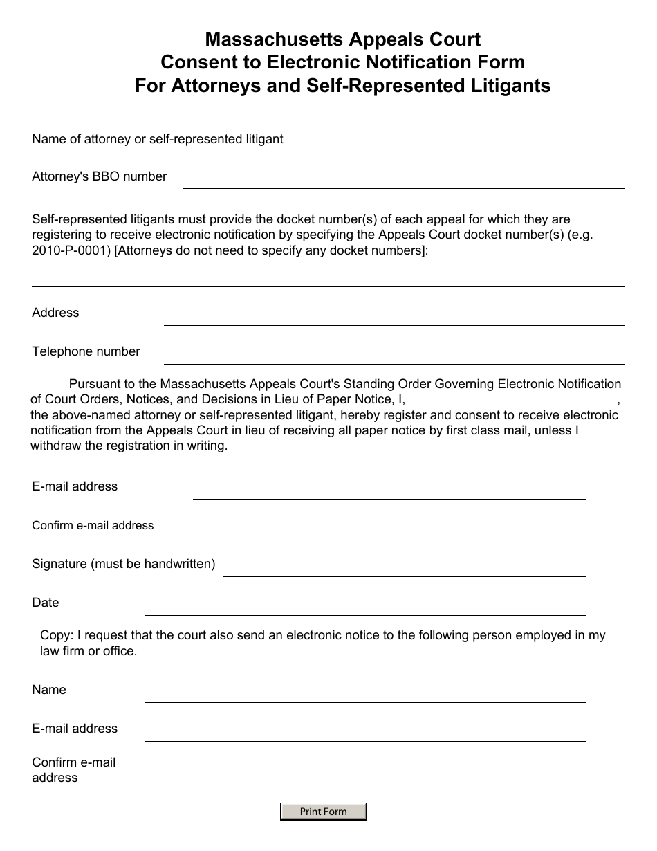Consent to Electronic Notification Form for Attorneys and Self-represented Litigants - Massachusetts, Page 1