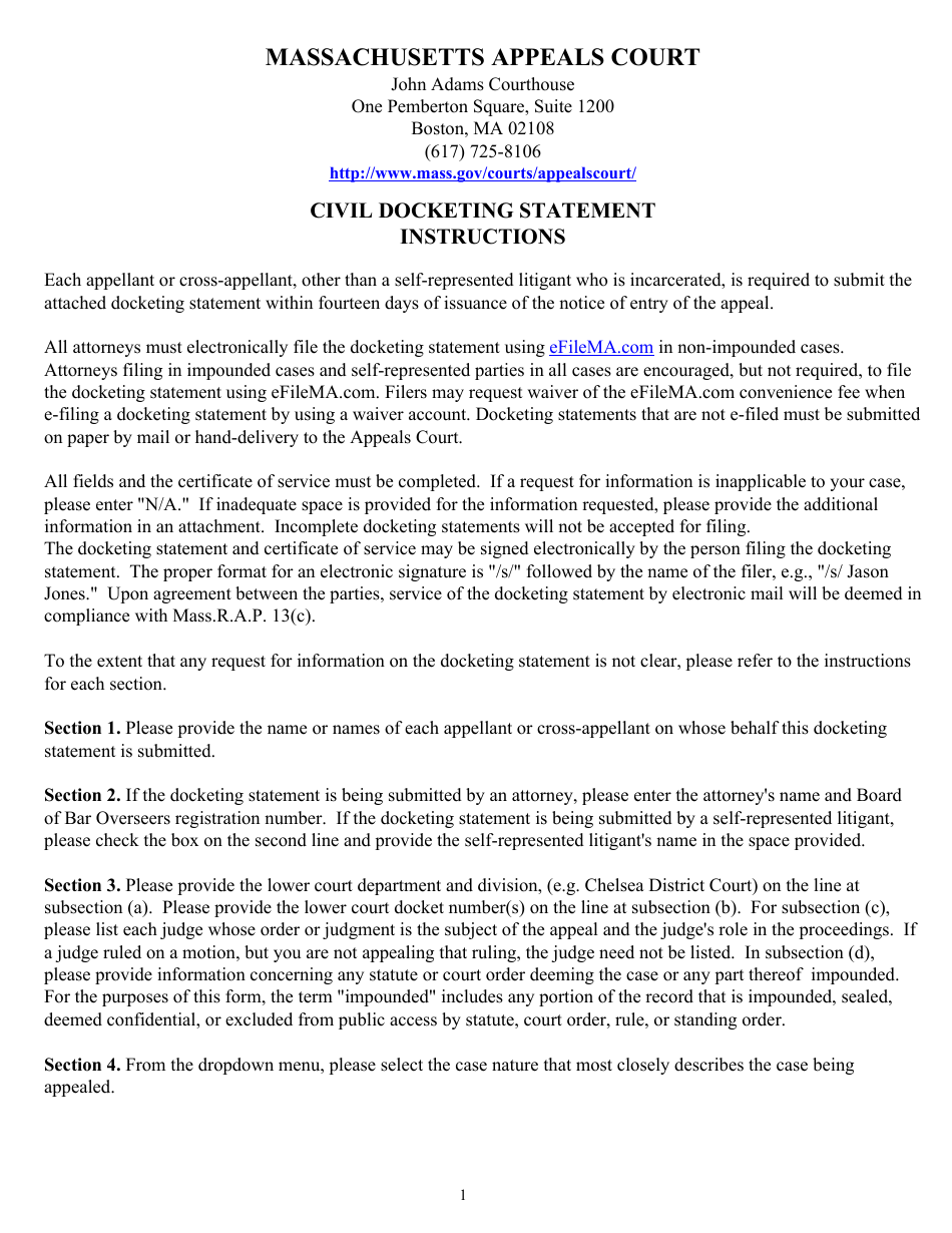 Civil Docketing Statement Form - Massachusetts, Page 1
