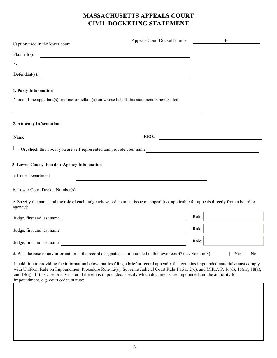 Civil Docketing Statement Form - Massachusetts, Page 3