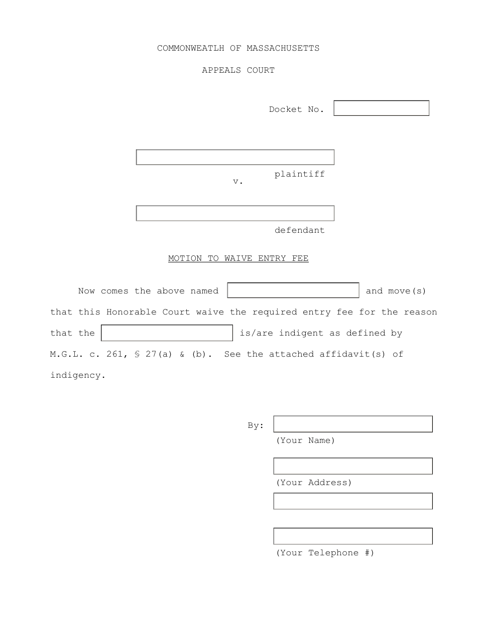 Massachusetts Motion to Waive Entry Fee Fill Out, Sign Online and