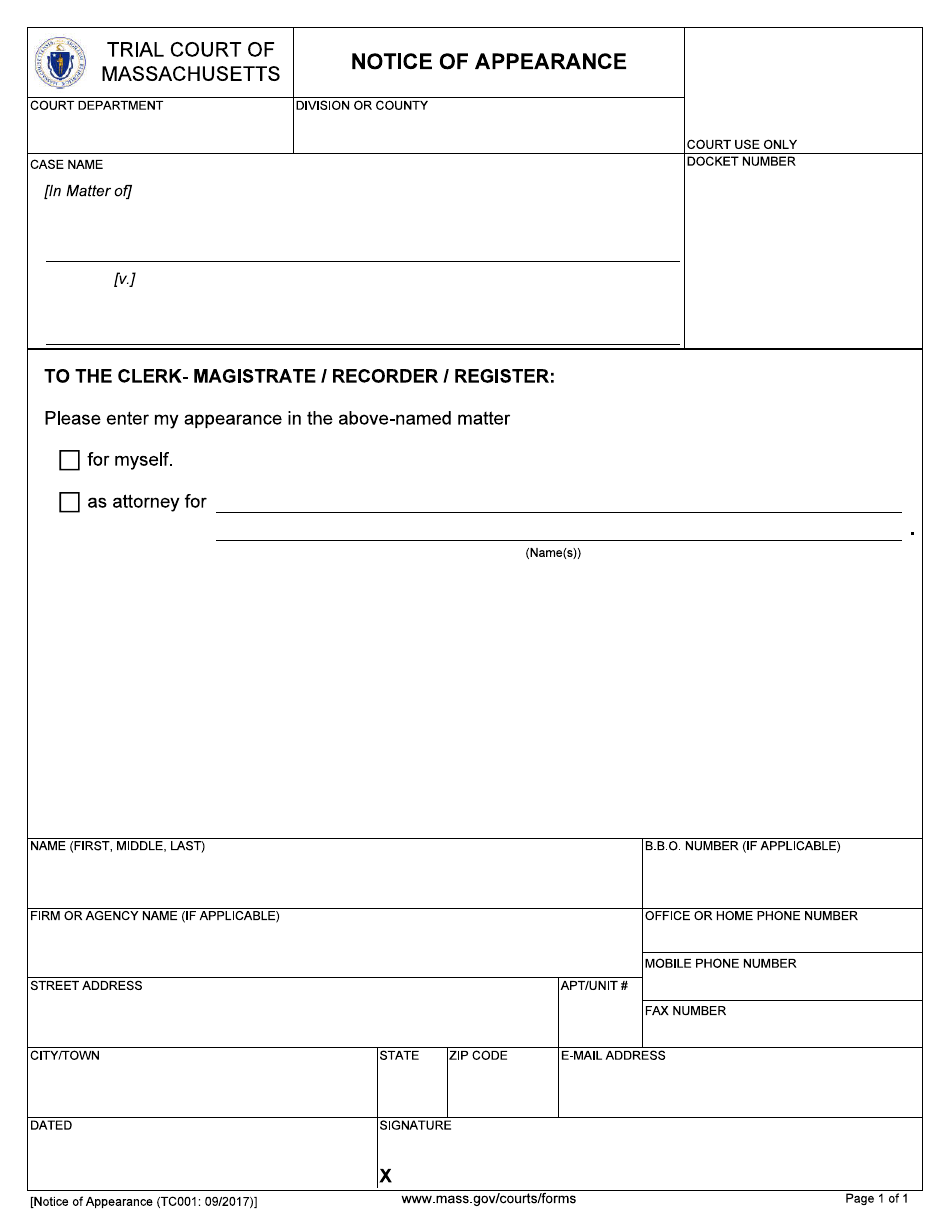 Form TC001 Notice of Appearance - Massachusetts, Page 1