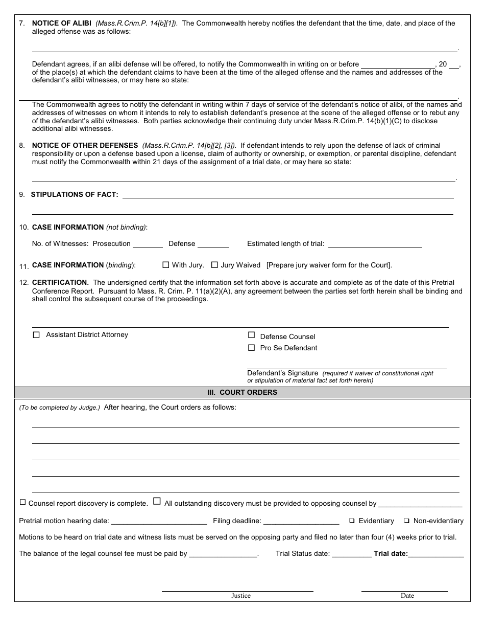 Form DC CR-23 Pretrial Conference Report - Massachusetts, Page 2