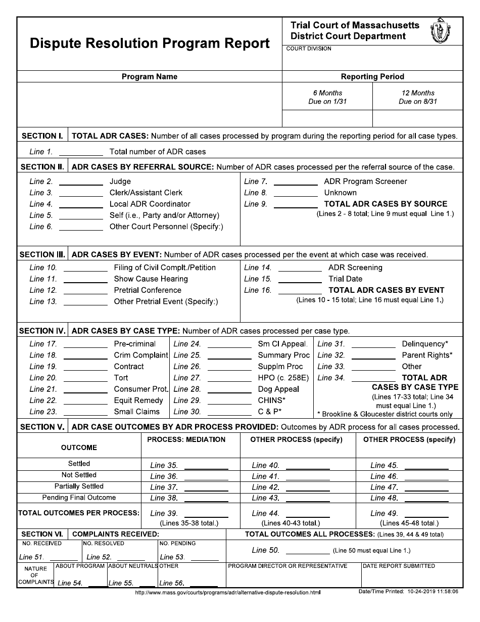 Dispute Resolution Program Report Form - Massachusetts, Page 1