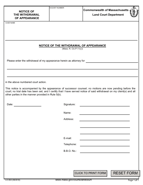Form LC-002 Notice of the Withdrawal of Appearance - Massachusetts