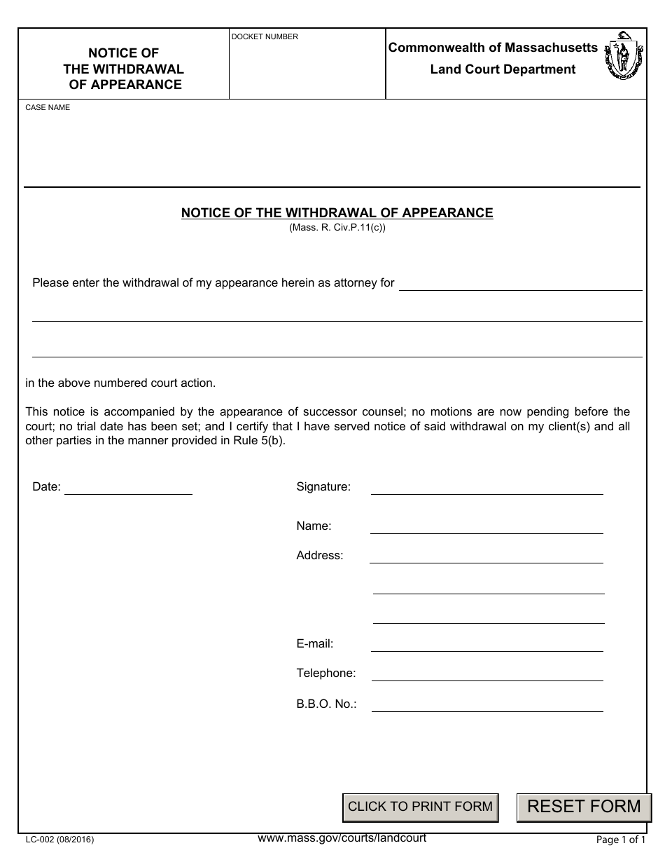Form LC-002 Notice of the Withdrawal of Appearance - Massachusetts, Page 1