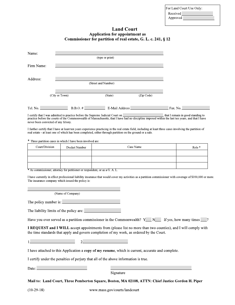 Partition Commissioners Application Form - Massachusetts, Page 1