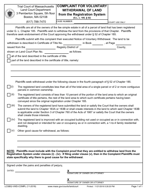 Form LCSBQ-VWD-COMPL Complaint for Voluntary Withdrawal of Land From the Registration System - Massachusetts