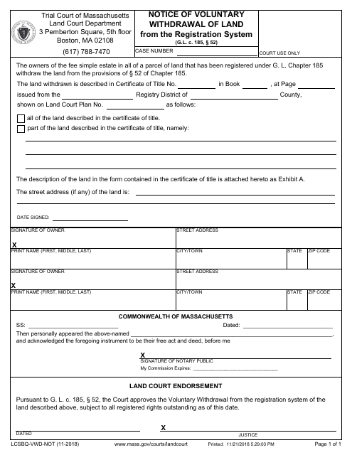 Form LCSBQ-VWD-NOT Notice of Voluntary Withdrawal of Land From the Registration System - Massachusetts