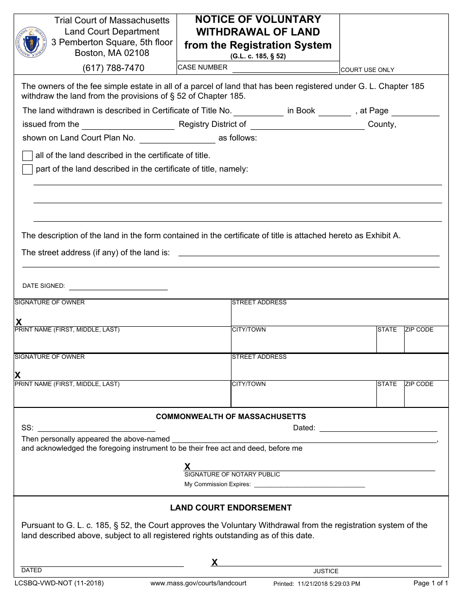 Form LCSBQ-VWD-NOT Notice of Voluntary Withdrawal of Land From the Registration System - Massachusetts, Page 1