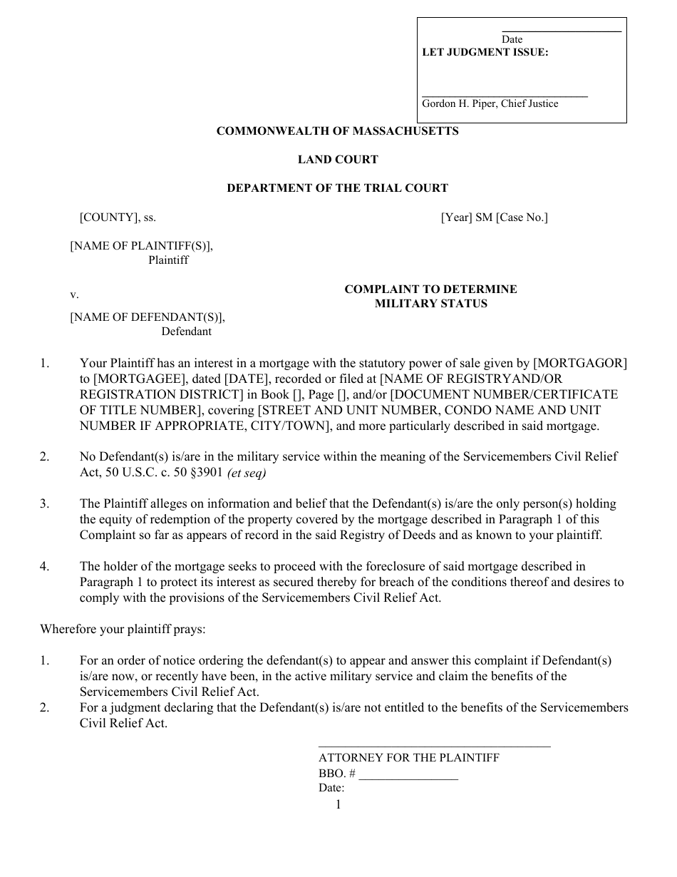 Complaint to Determine Military Status - Massachusetts, Page 1