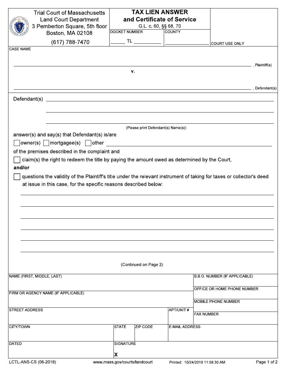 Form LCTL-ANS-CS Tax Lien Answer and Certificate of Service - Massachusetts, Page 1
