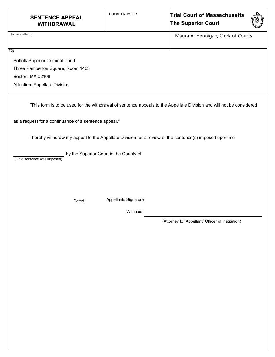 Sentence Appeal Withdrawal Form - Massachusetts, Page 1