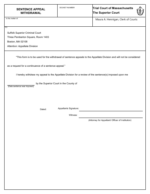 &quot;Sentence Appeal Withdrawal Form&quot; - Massachusetts Download Pdf