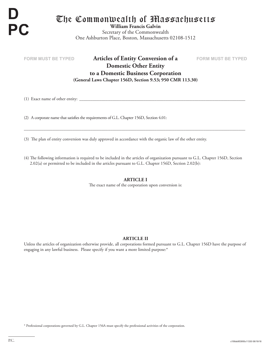 Articles of Entity Conversion of a Domestic Other Entity to a Domestic Business Corporation - Massachusetts, Page 1
