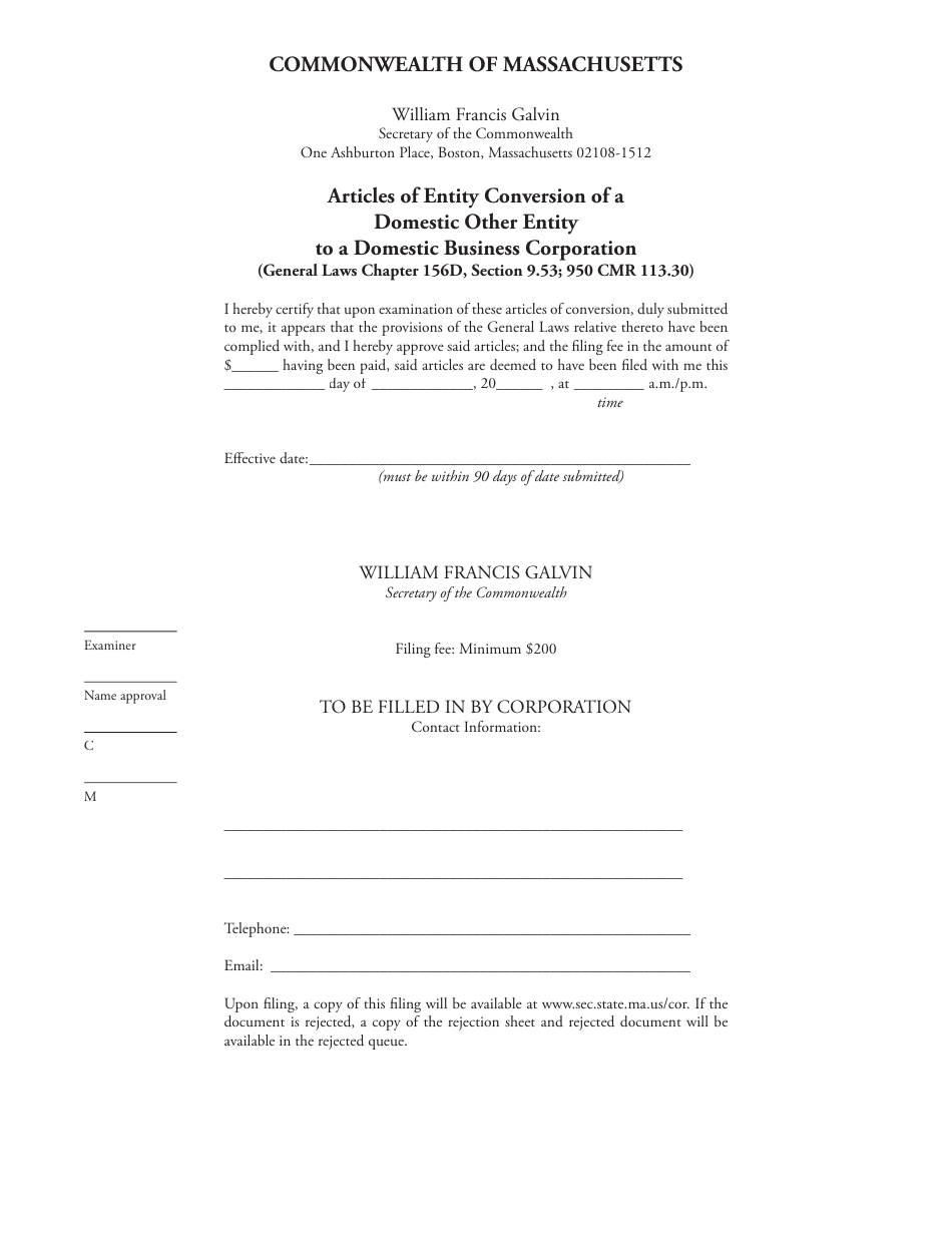 Massachusetts Articles Of Entity Conversion Of A Domestic Other Entity To A Domestic Business 0751