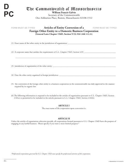 Articles of Entity Conversion of a Foreign Other Entity to a Domestic Business Corporation - Massachusetts Download Pdf