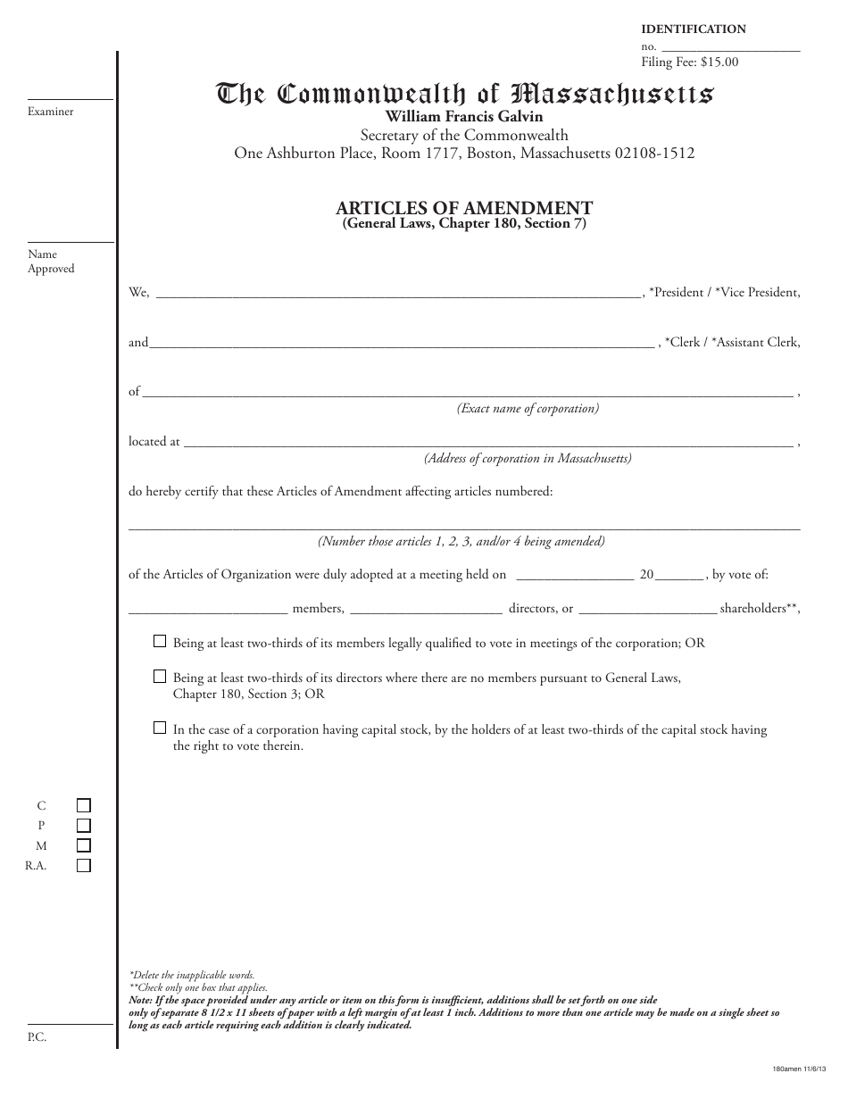 Articles of Amendment (General Laws, Chapter 180, Section 7) - Massachusetts, Page 1