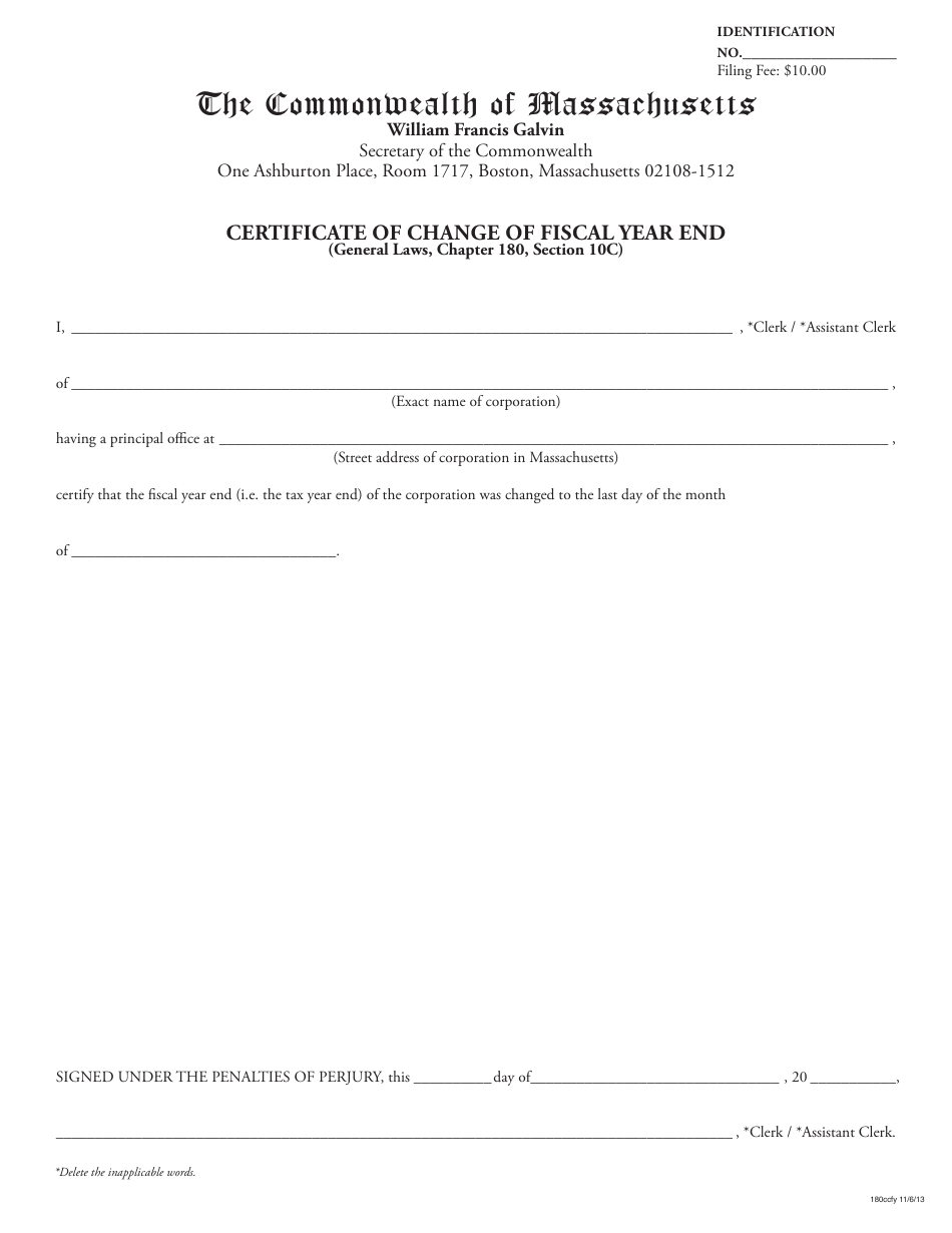 Certificate of Change of Fiscal Year End - Massachusetts, Page 1