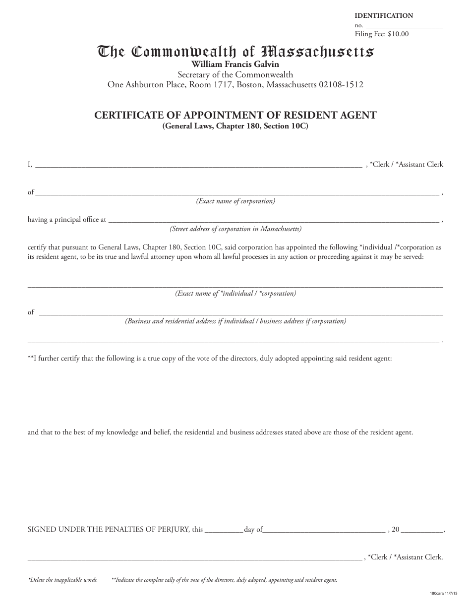 Certificate of Appointment of Resident Agent - Massachusetts, Page 1