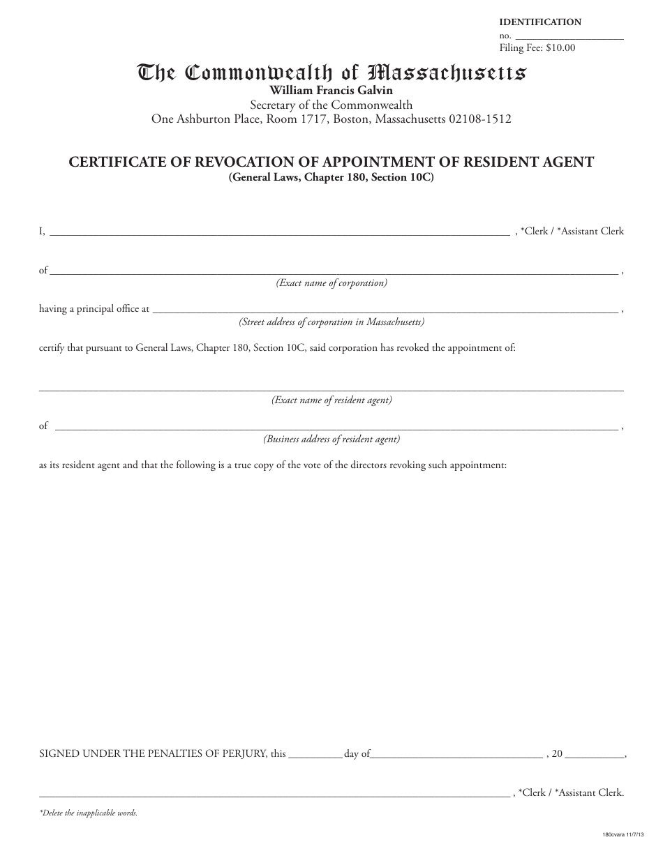 Certificate of Revocation of Appointment of Resident Agent - Massachusetts, Page 1