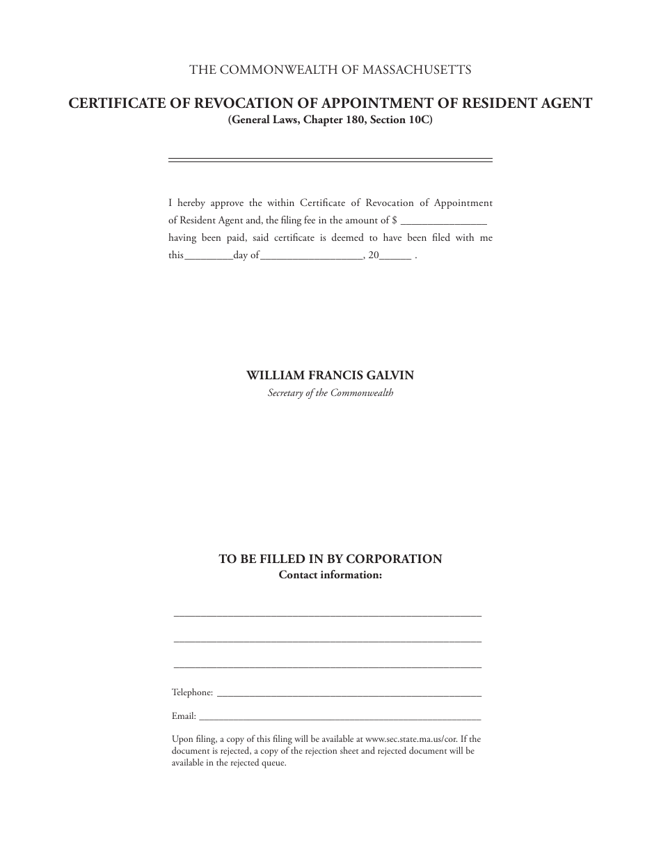 Certificate of Revocation of Appointment of Resident Agent - Massachusetts, Page 2