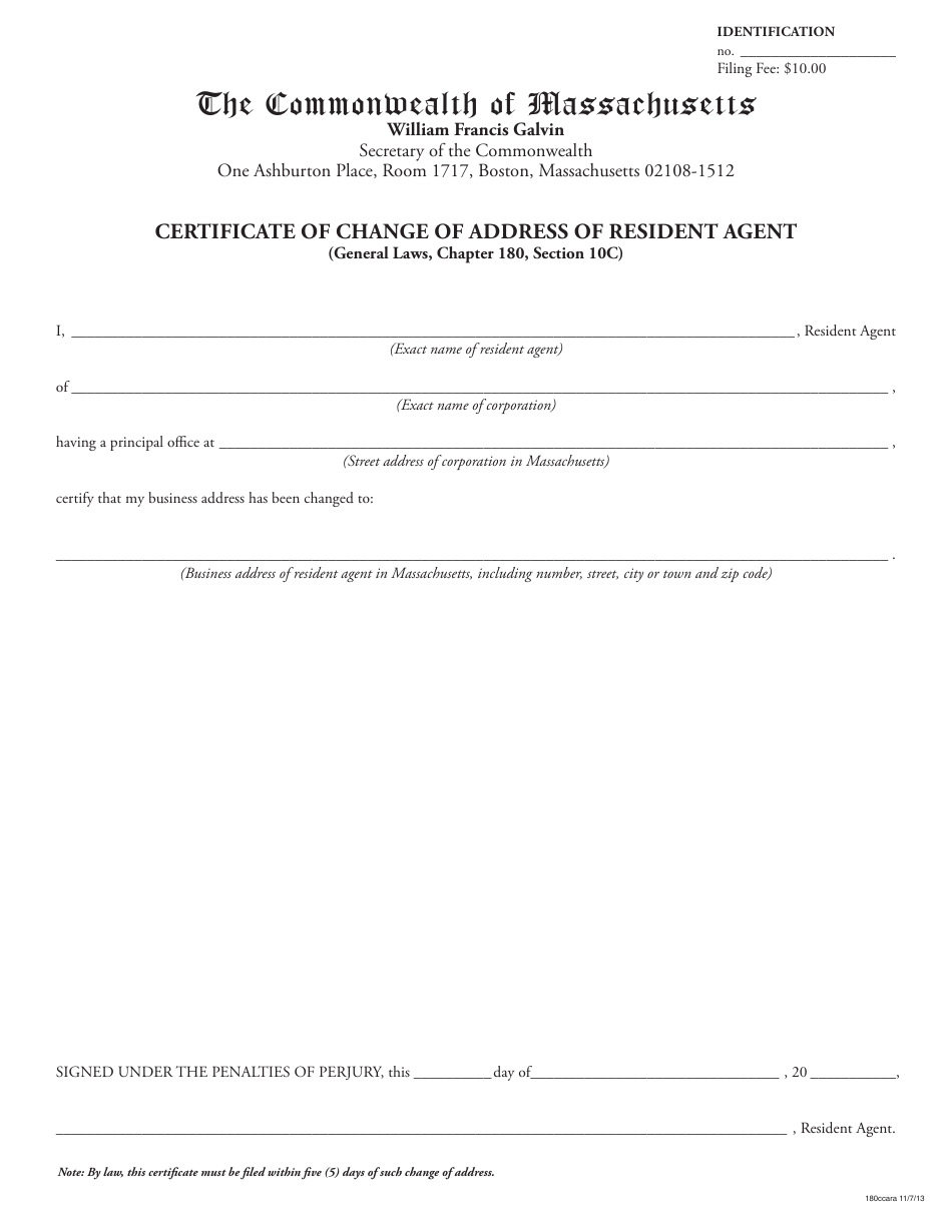 Certificate of Change of Address of Resident Agent - Massachusetts, Page 1