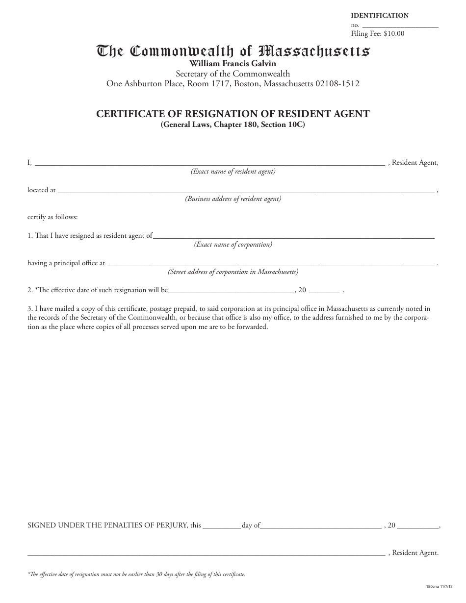 Certificate of Resignation of Resident Agent - Massachusetts, Page 1
