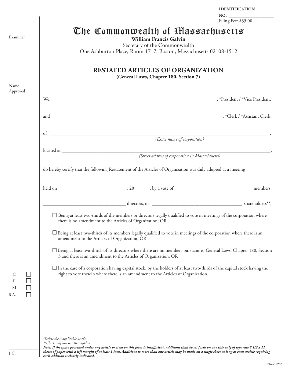 Form 180RES Restated Articles of Organization - Massachusetts, Page 1