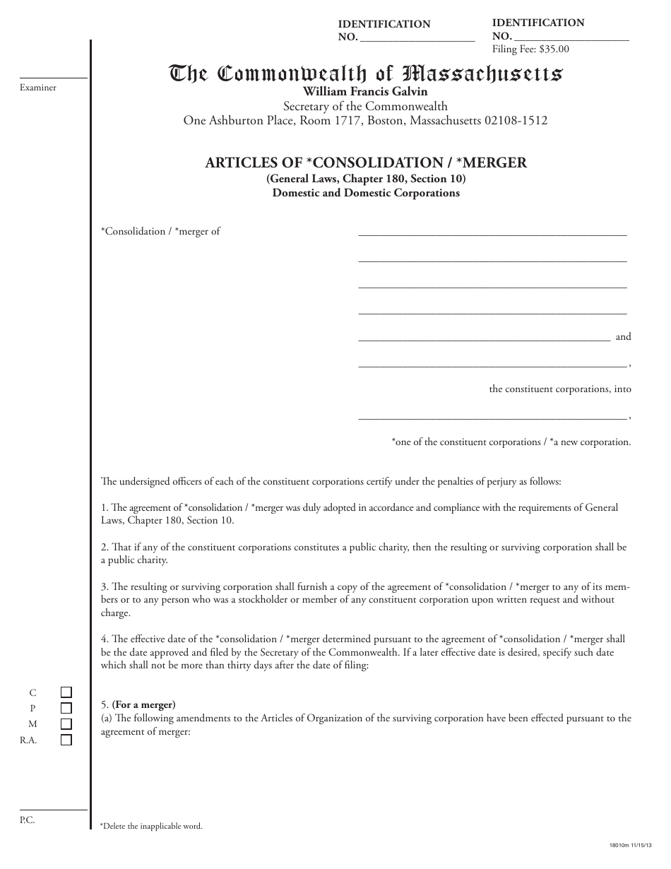 Form 18010M Articles of Consolidation / Merger - Domestic and Domestic Corporations - Massachusetts, Page 1