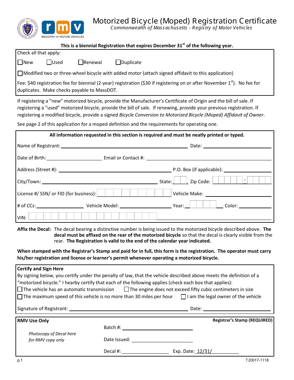 Form T20017 Motorized Bicycle (Moped) Registration Certificate - Massachusetts, Page 1