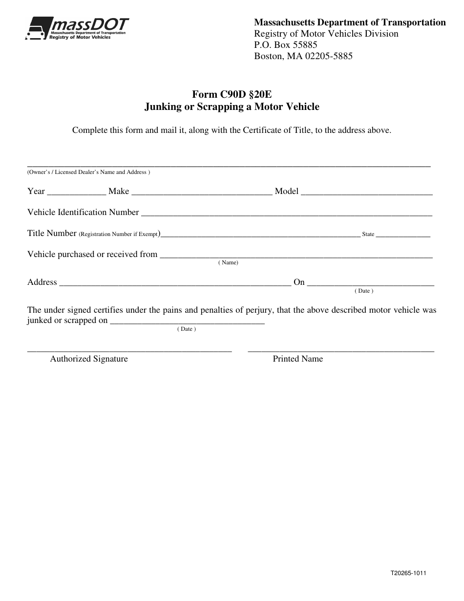 Form T20265 (C90D) Junking or Scrapping a Motor Vehicle - Massachusetts, Page 1