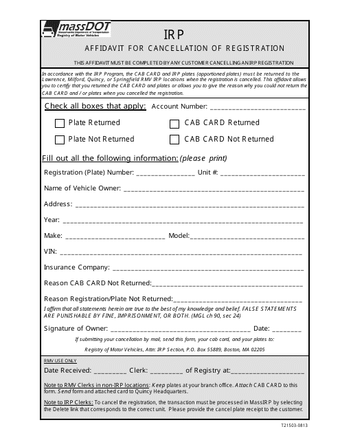 Form T21503 Irp Affidavit for Cancellation of Registration - Massachusetts