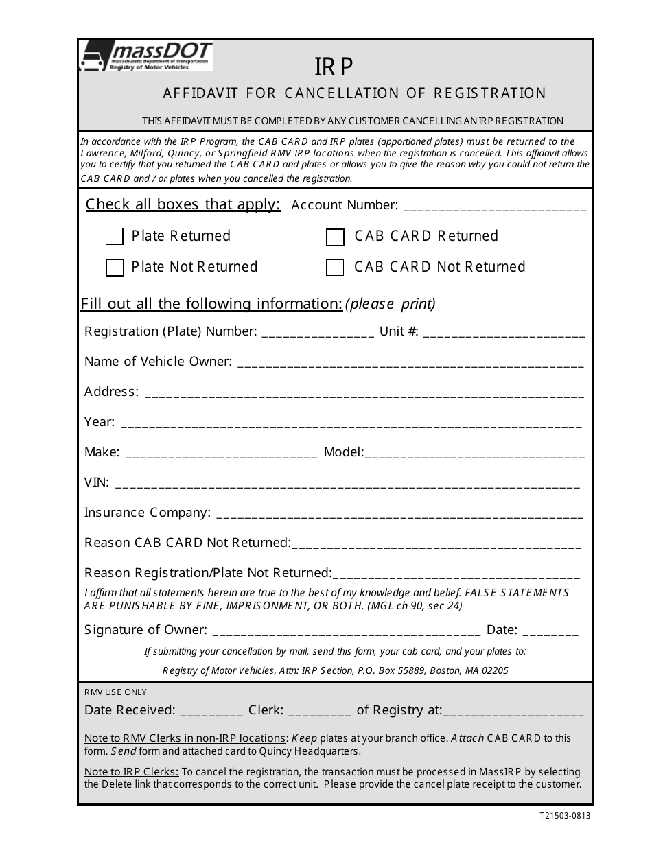 Form T21503 Irp Affidavit for Cancellation of Registration - Massachusetts, Page 1