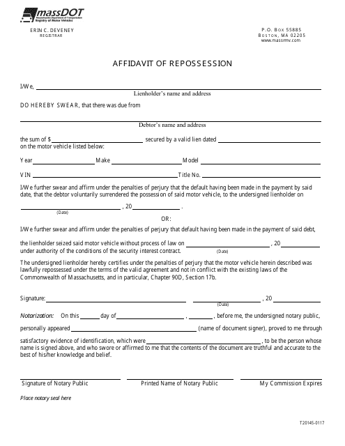 Form T20145 Affidavit of Repossession - Massachusetts
