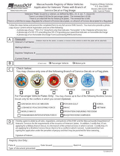 Form T21099 Application for Veterans' Plates With Branch of Service Decal or Flag Image - Massachusetts