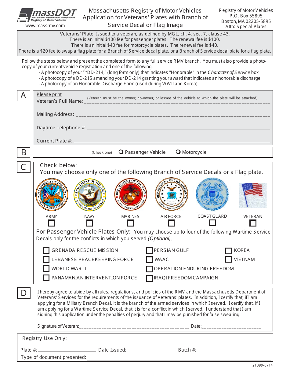 Form T21099 Application for Veterans Plates With Branch of Service Decal or Flag Image - Massachusetts, Page 1