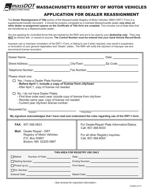 Form T20901 (DRT-1) Application for Dealer Reassignment - Massachusetts