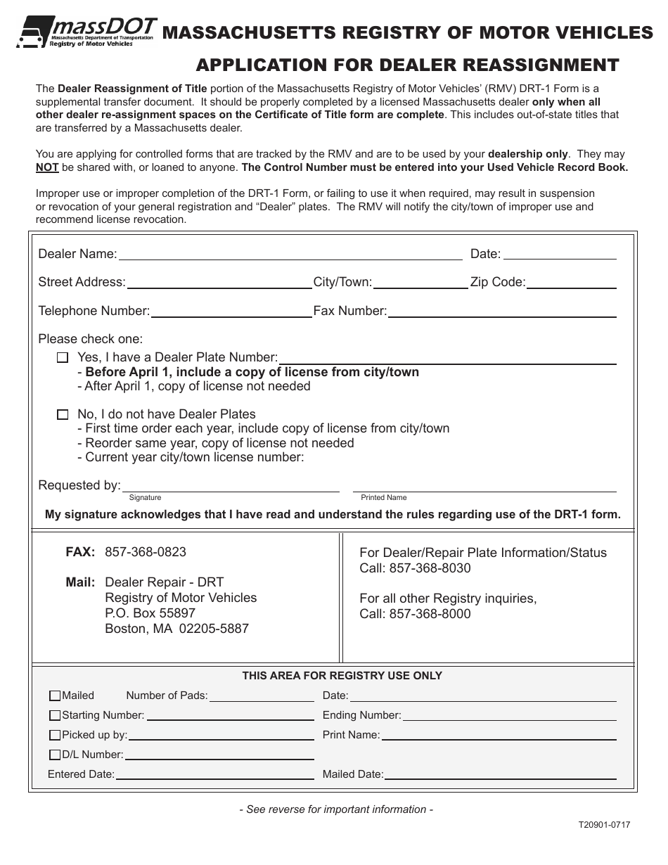 Form T20901 (DRT-1) Application for Dealer Reassignment - Massachusetts, Page 1