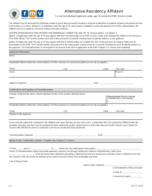 Form LIC111 Alternative Residency Affidavit - Massachusetts