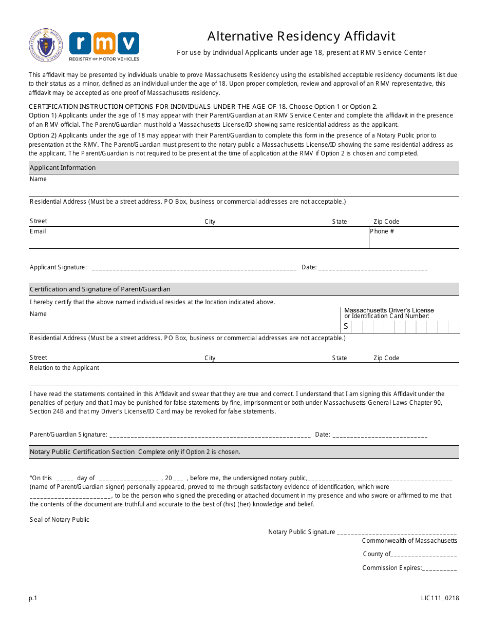 Form LIC111 Alternative Residency Affidavit - Massachusetts, Page 1
