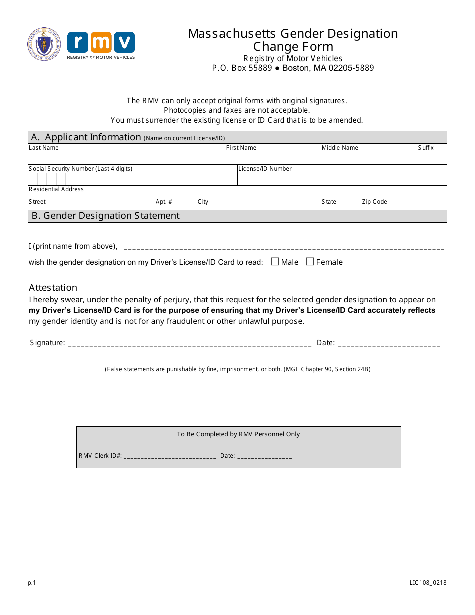 Form LIC108 Massachusetts Gender Designation Change Form - Massachusetts, Page 1