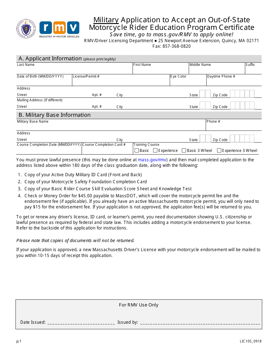 Form LIC105 Military Application to Accept an Out-of-State Motorcycle Rider Education Program Certificate - Massachusetts, Page 1