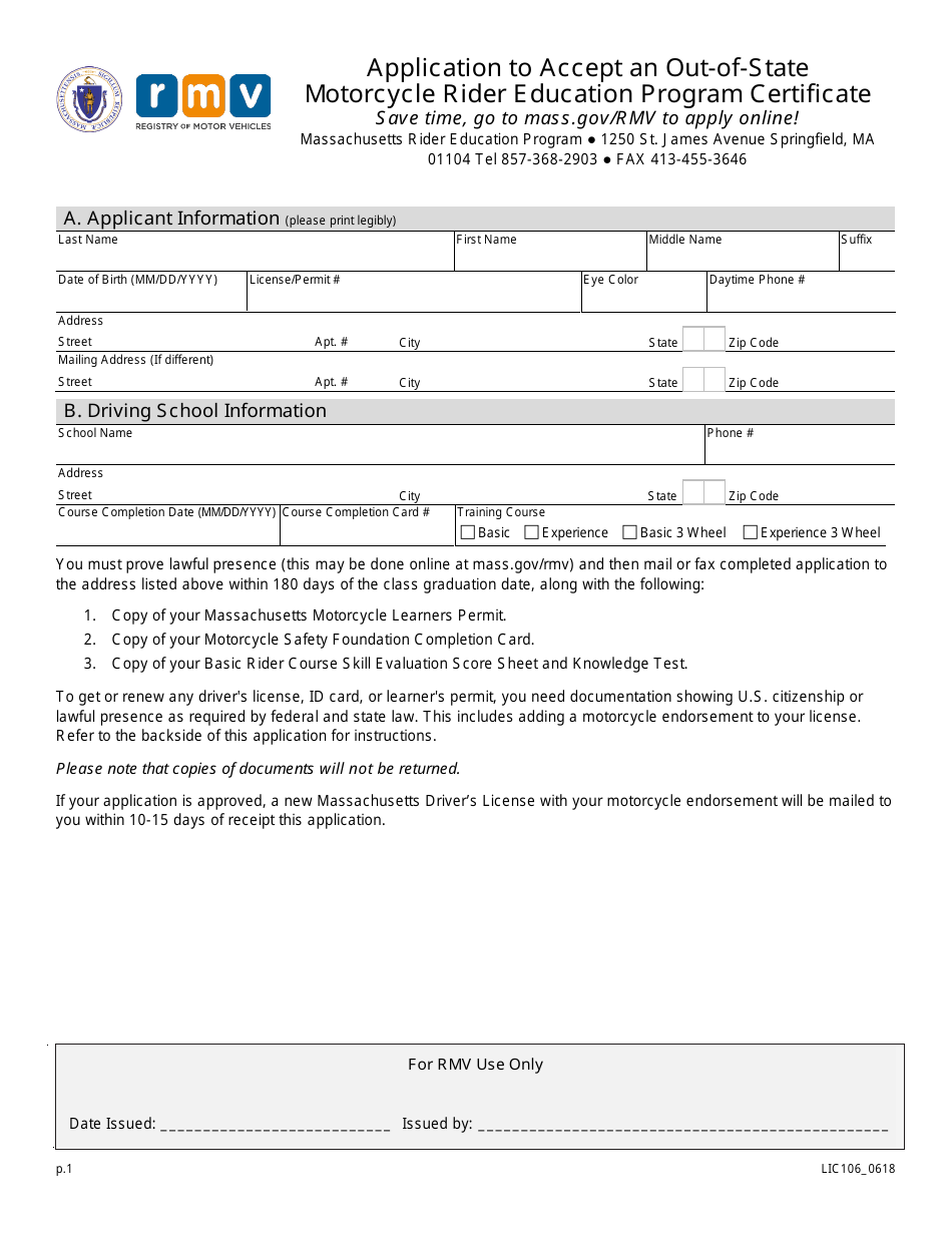 Form LIC106 Application to Accept an Out-of-State Motorcycle Rider Education Program Certificate - Massachusetts, Page 1
