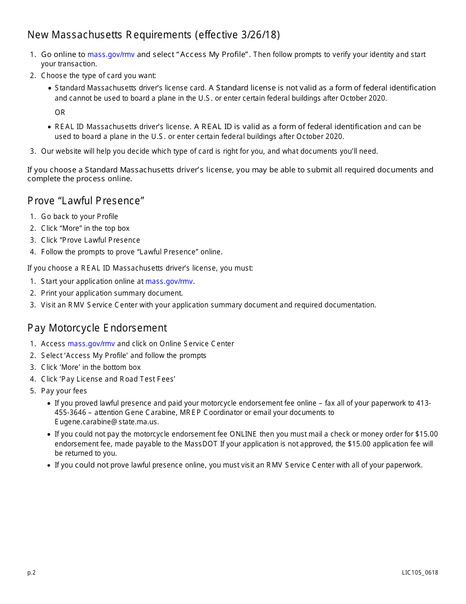 Form LIC106 Application to Accept an Out-of-State Motorcycle Rider Education Program Certificate - Massachusetts, Page 2
