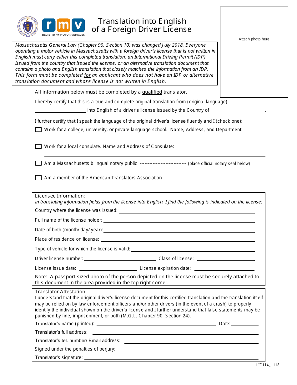 Form LIC114 Translation Into English of a Foreign Driver License - Massachusetts, Page 1