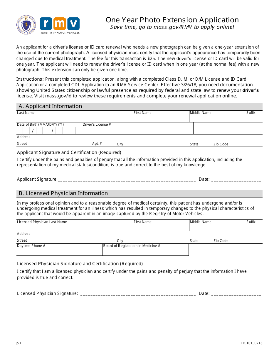 Form LIC101 One Year Photo Extension Application - Massachusetts, Page 1