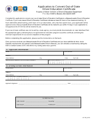 Document preview: Form LIC109 Application to Convert Out-of-State Driver Education Certificate - Massachusetts