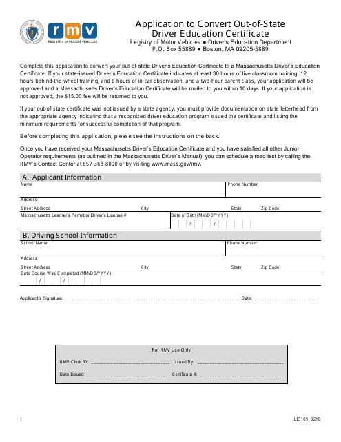 Form LIC109 Application to Convert Out-of-State Driver Education Certificate - Massachusetts