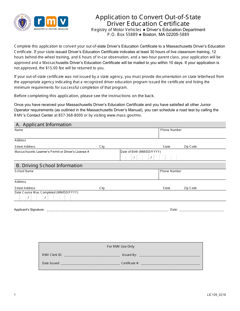 Form LIC109 Application to Convert Out-of-State Driver Education Certificate - Massachusetts, Page 1