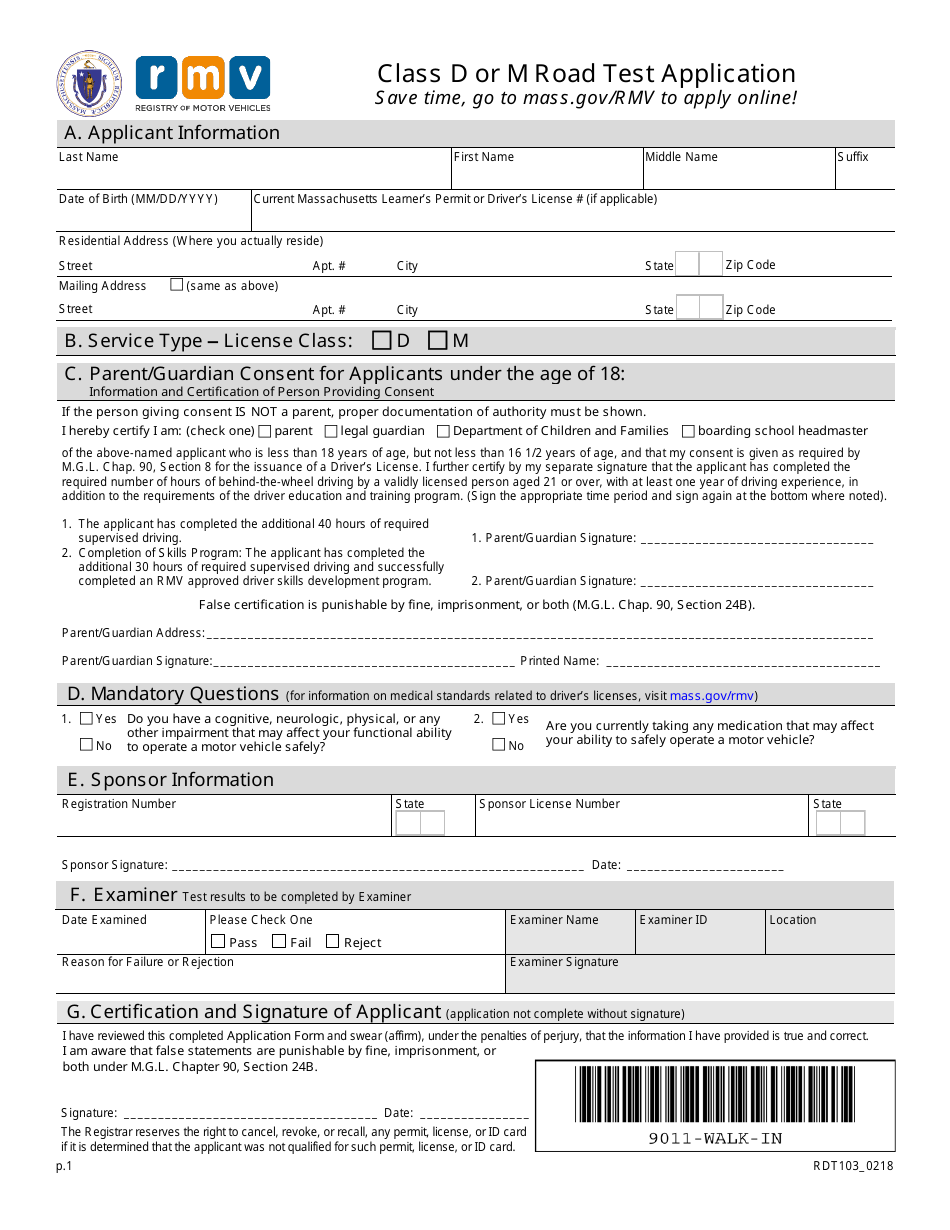 Form RDT103 Class D or M Road Test Application - Massachusetts, Page 1